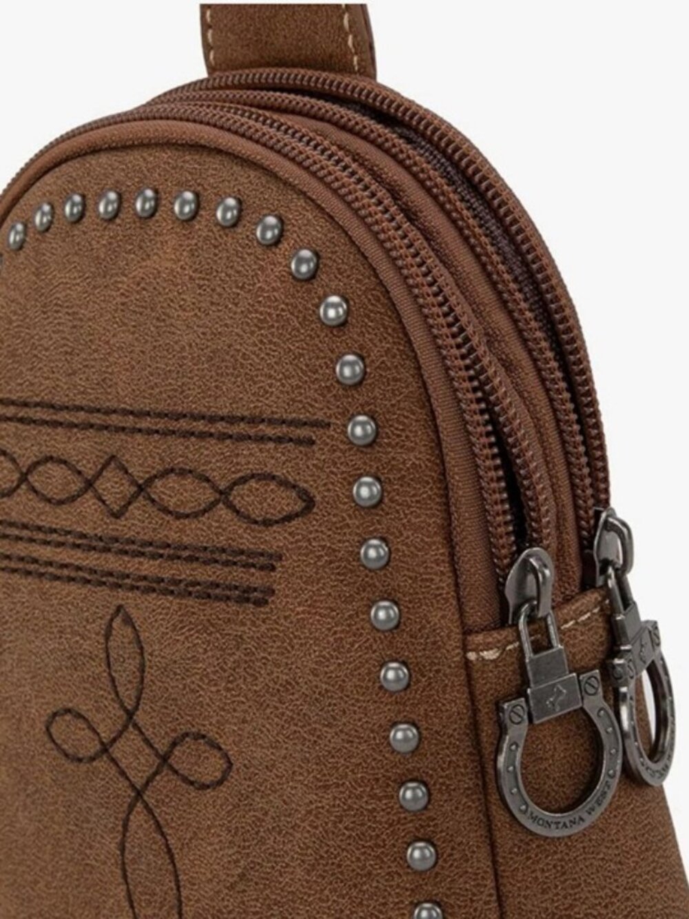 Montana West Western Crossbody Sling Bag Brown Tooled Studded Longhorn Skull NWT - Picture 4 of 6